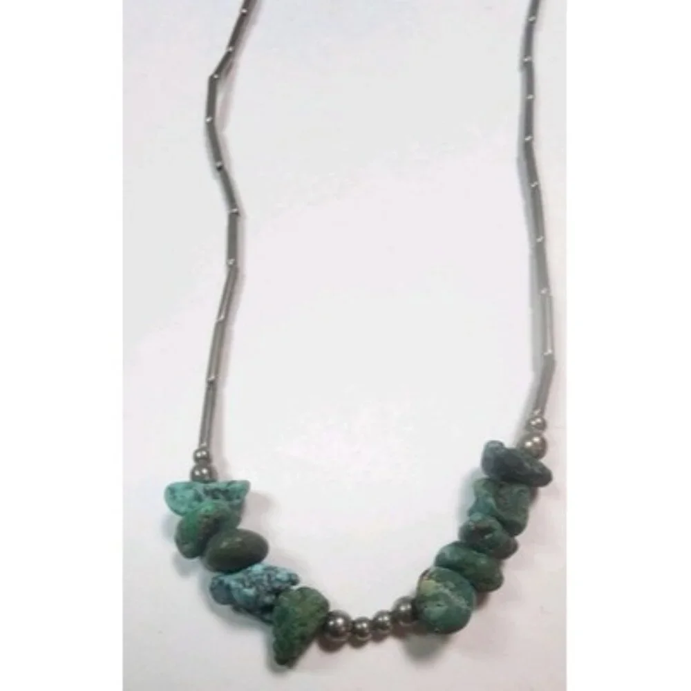 Vintage Native American Indian Liquid silver w/10 turquoise stones‎ necklace 17